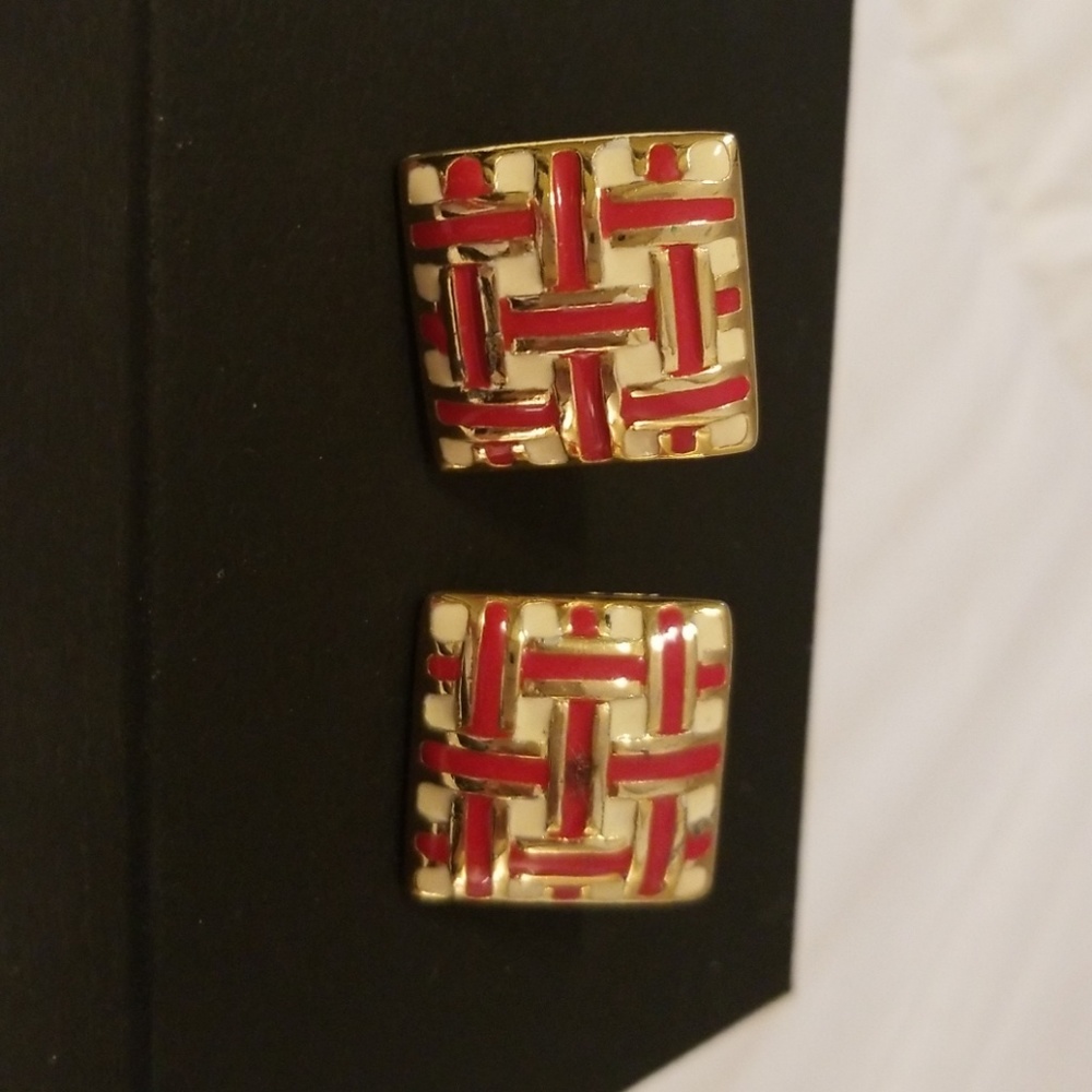 Vintage post  earrings. Red and white with gold.